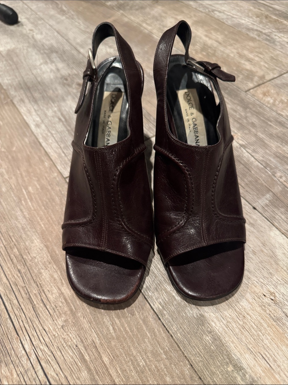 Dolce & Gabbana Dark Brown Leather Peep-Toe Slingback Heels